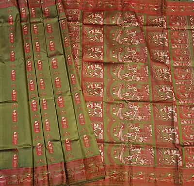 Olive green pink  meena work pure Baluchari saree