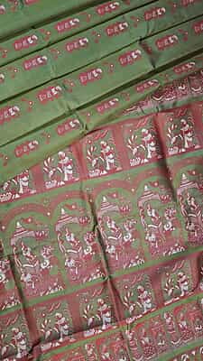 Olive green pink meena work pure Baluchari saree Olive green pink meena work pure Baluchari saree
