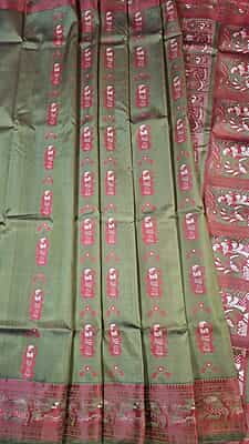 Olive green pink meena work pure Baluchari saree Olive green pink meena work pure Baluchari saree