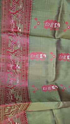 Olive green pink meena work pure Baluchari saree Olive green pink meena work pure Baluchari saree