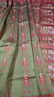 Olive green pink meena work pure Baluchari saree Olive green pink meena work pure Baluchari saree