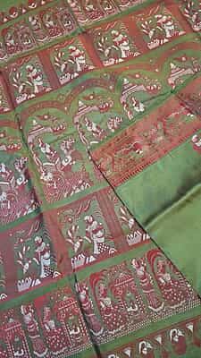 Olive green pink meena work pure Baluchari saree Olive green pink meena work pure Baluchari saree