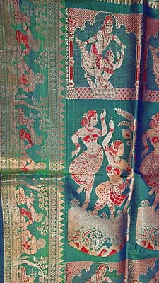 Blue green dual tone all over work swarnachari saree on pure Mulberry silk