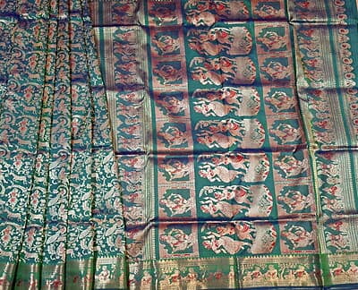 Blue green dual tone all over work swarnachari saree on pure Mulberry silk