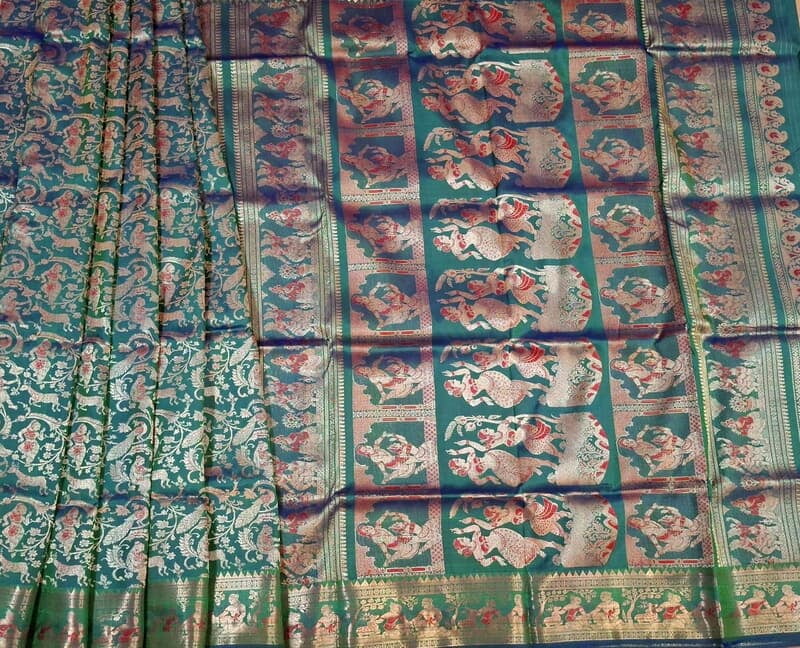 Blue green dual tone all over work swarnachari saree on pure Mulberry silk