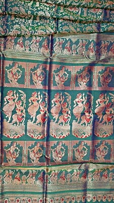 Blue green dual tone all over work swarnachari saree on pure Mulberry silk