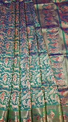 Blue green dual tone all over work swarnachari saree on pure Mulberry silk