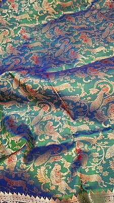 Blue green dual tone all over work swarnachari saree on pure Mulberry silk
