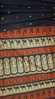 Black color pure Mulberry silk saree Baluchari saree with orange and beige ganga Jamuna border Black color pure Mulberry silk saree Baluchari saree with orange and beige ganga Jamuna border