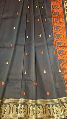Black color pure Mulberry silk saree Baluchari saree with orange and beige ganga Jamuna border Black color pure Mulberry silk saree Baluchari saree with orange and beige ganga Jamuna border