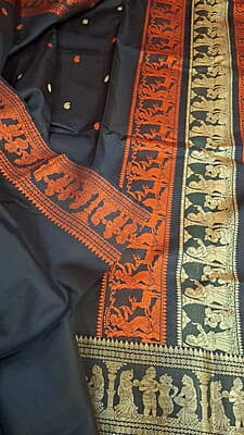 Black color pure Mulberry silk saree Baluchari saree with orange and beige ganga Jamuna border Black color pure Mulberry silk saree Baluchari saree with orange and beige ganga Jamuna border