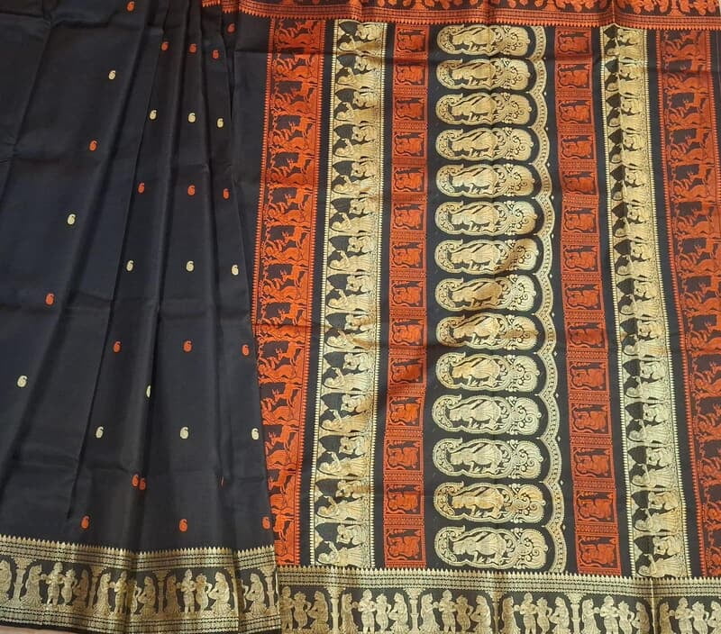 Black color pure Mulberry silk saree Baluchari saree with orange and beige ganga Jamuna border Black color pure Mulberry silk saree Baluchari saree with orange and beige ganga Jamuna border