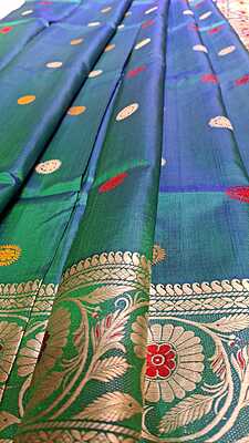 Color Blue Green Dual Tone Revival Baluchari Saree Color Blue Green Dual Tone Revival Baluchari Saree