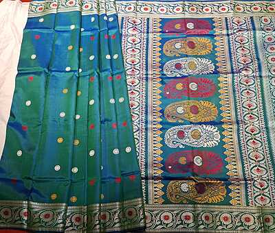 Color Blue Green Dual Tone Revival Baluchari Saree