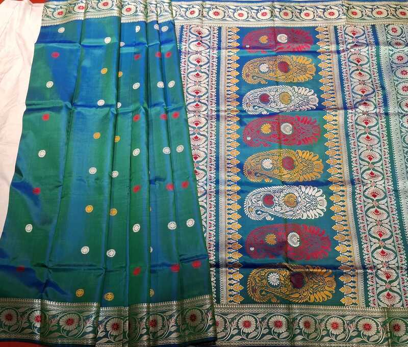 Color Blue Green Dual Tone Revival Baluchari Saree Color Blue Green Dual Tone Revival Baluchari Saree