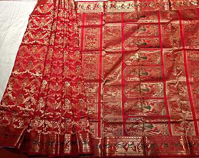 Color Vermilion red with golden colour zari All over work Swarnachari saree
