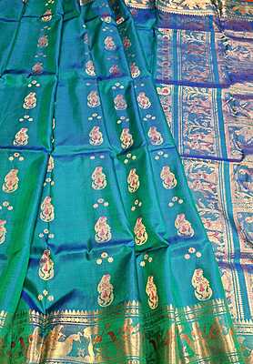 Color Blue green dual tone with golden colour zari  Figure motif Swarnachari