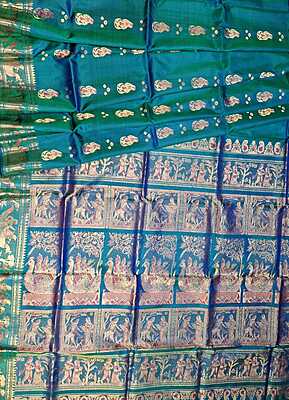 Color Blue green dual tone with golden colour zari  Figure motif Swarnachari