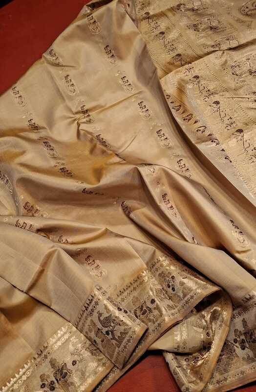 Chandan color with golden colour zari figure motif Swarnachari saree Chandan color with golden colour zari figure motif Swarnachari saree