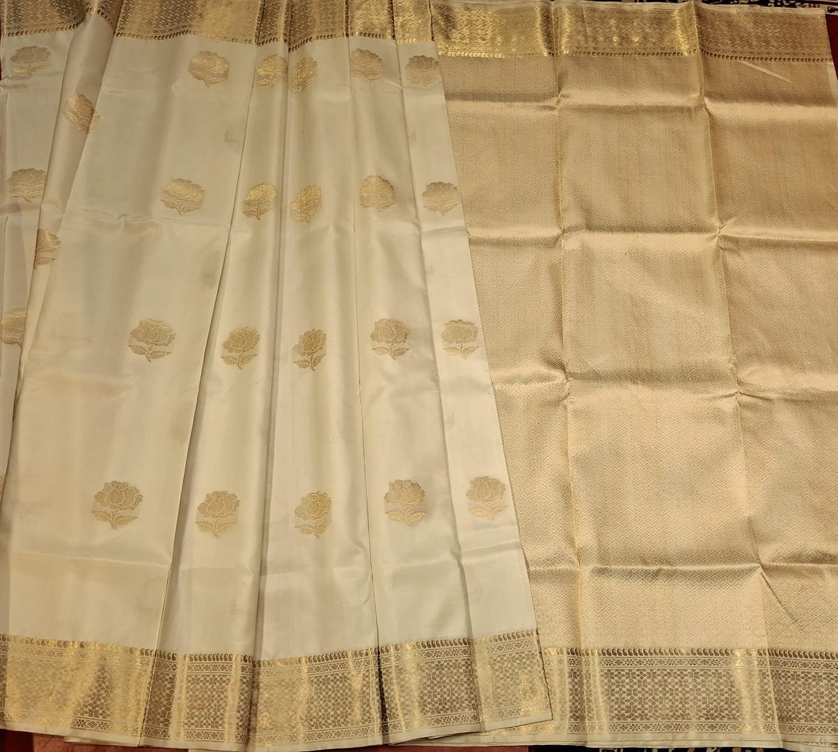 Rose Swarnachari white color saree with golden zari in pure tassar