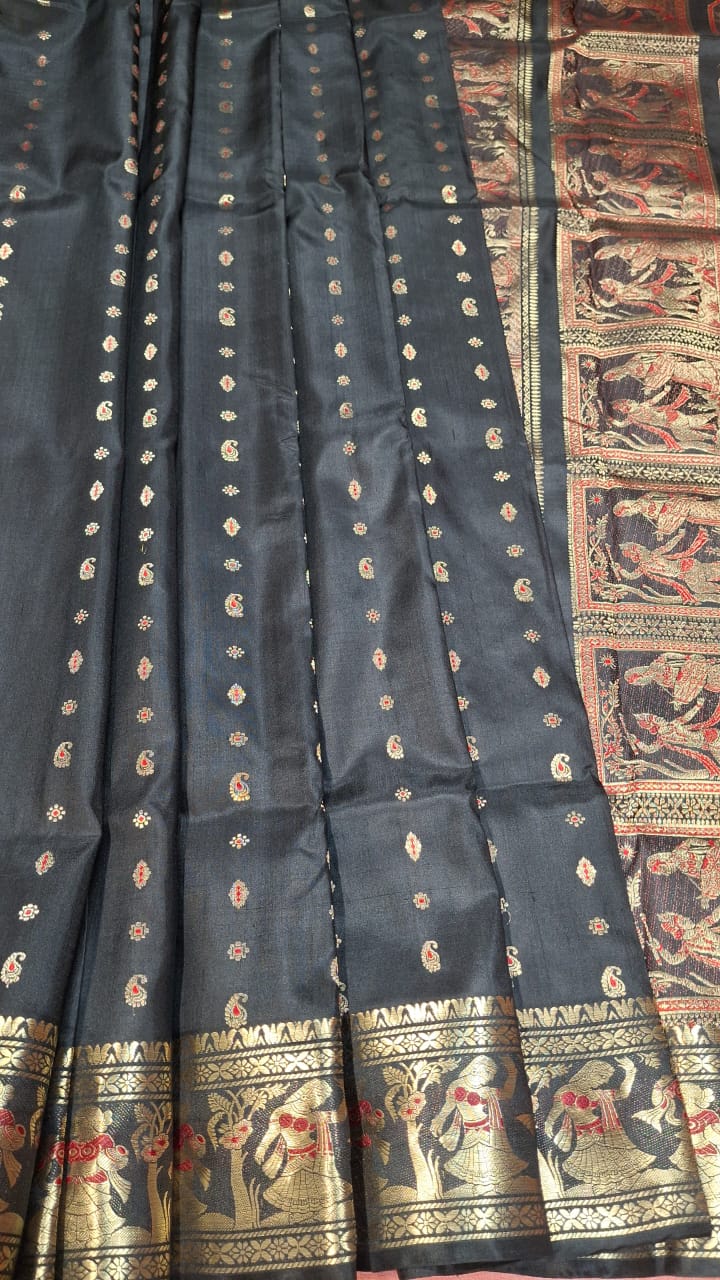 2000 buta Swarnachari Jet black color saree in pure tassar with golden and red meena 2000 buta Swarnachari Jet black color saree in pure tassar with golden and red meena