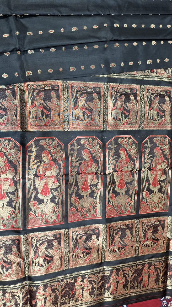 2000 buta Swarnachari Jet black color saree in pure tassar with golden and red meena 2000 buta Swarnachari Jet black color saree in pure tassar with golden and red meena