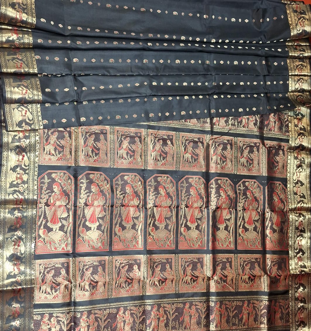 2000 buta Swarnachari Jet black color saree in pure tassar with golden and red meena