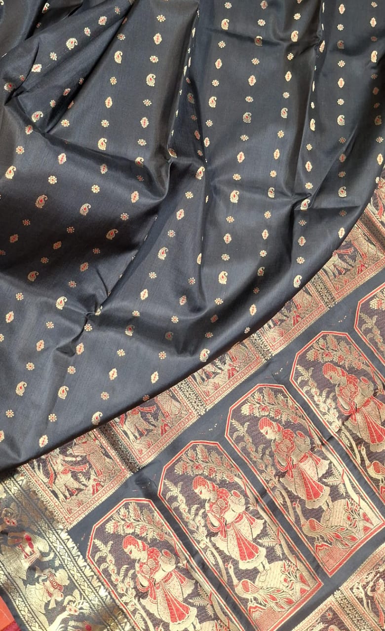 2000 buta Swarnachari Jet black color saree in pure tassar with golden and red meena 2000 buta Swarnachari Jet black color saree in pure tassar with golden and red meena