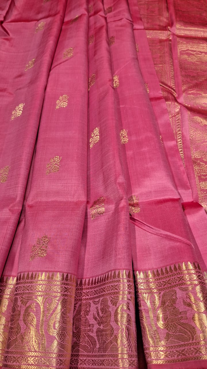 Flower Motif Swarnachari pink color resham saree with golden zari Flower Motif Swarnachari pink color resham saree with golden zari