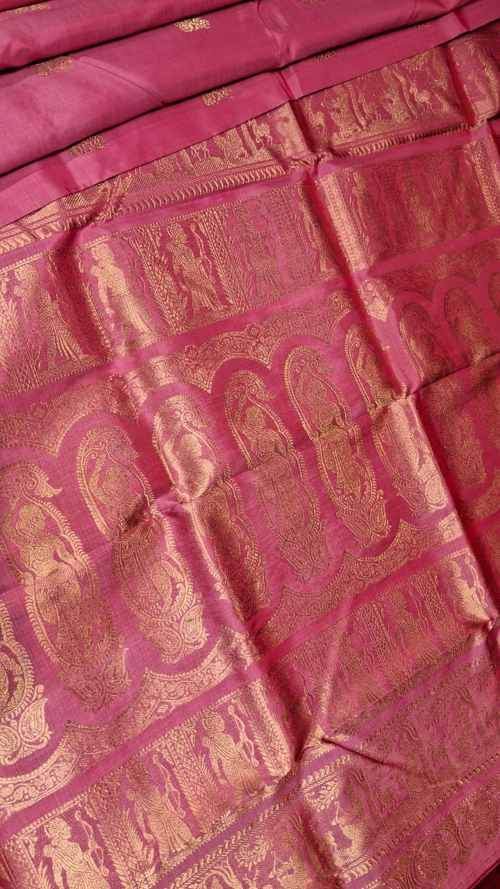 Flower Motif Swarnachari pink color resham saree with golden zari Flower Motif Swarnachari pink color resham saree with golden zari