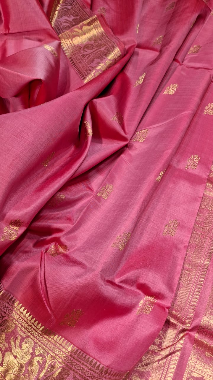 Flower Motif Swarnachari pink color resham saree with golden zari Flower Motif Swarnachari pink color resham saree with golden zari