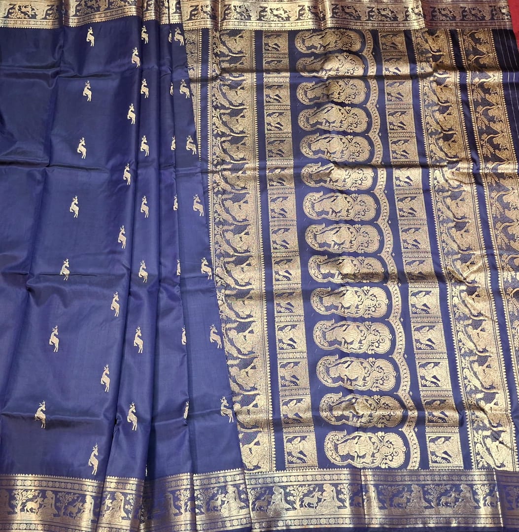 Navy blue pure Mulberry silk heeran Swarnachari saree