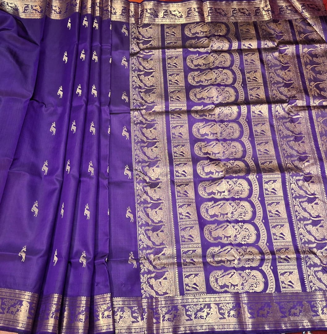 Purple pure Mulberry silk heeran Swarnachari saree