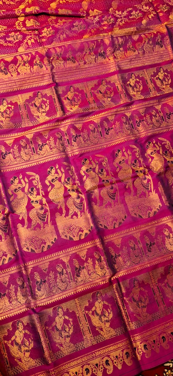 All over work Swarnachari Blue Rani pink dual tone with golden colour zari All over work Swarnachari Blue Rani pink dual tone with golden colour zari