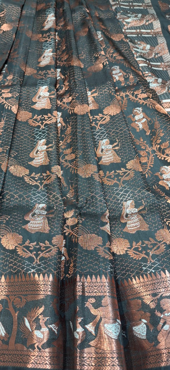 All over work Swarnachari Jet black with copper colour zari