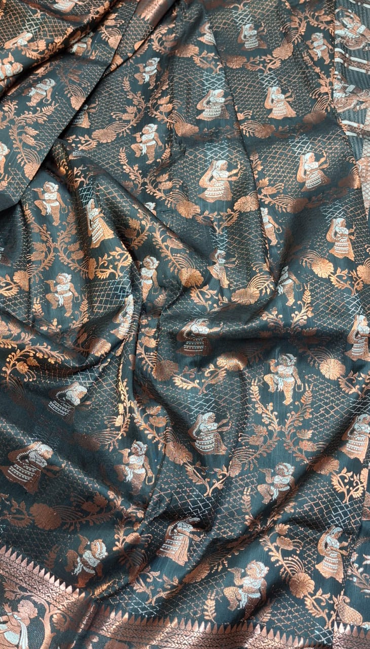 All over work Swarnachari Jet black with copper colour zari
