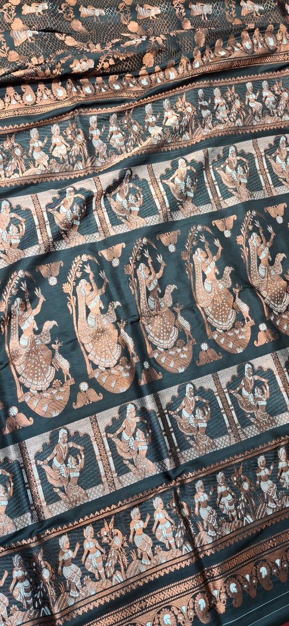 All over work Swarnachari Jet black with copper colour zari