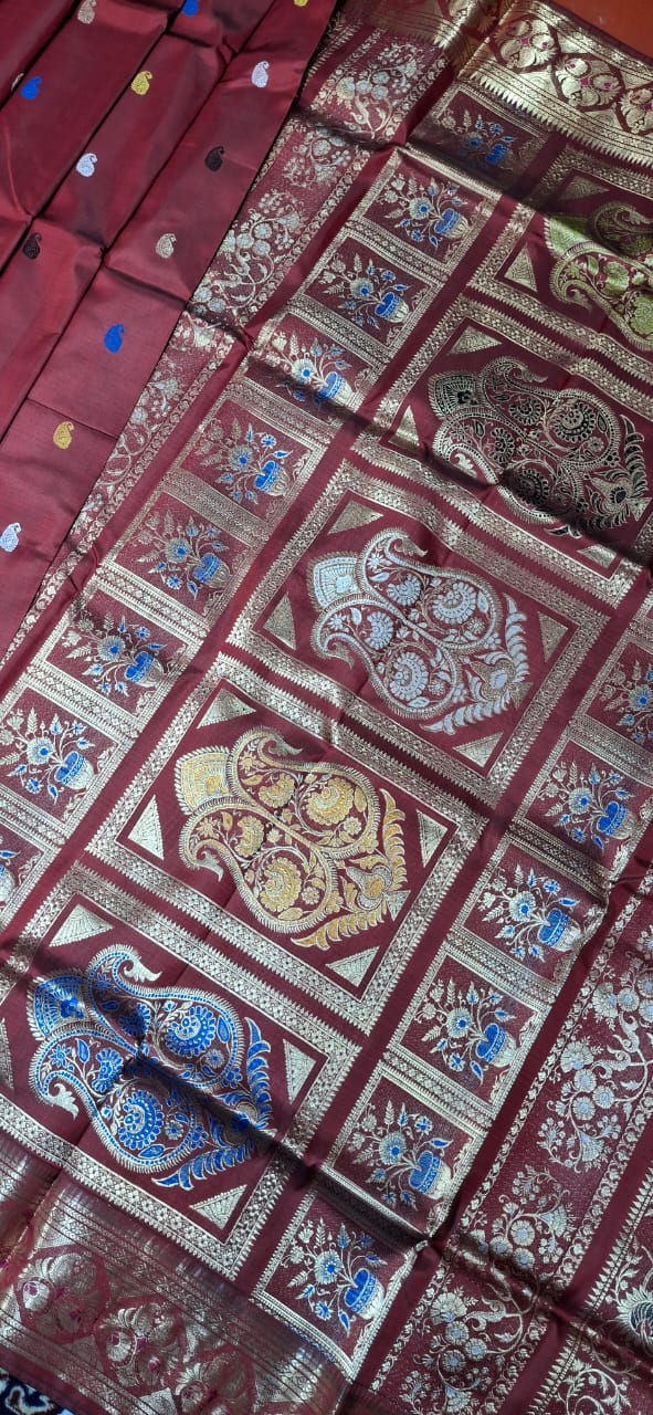 Maroonish red color golani buta mulberry silk revival swarnachari Maroonish red color golani buta mulberry silk revival swarnachari