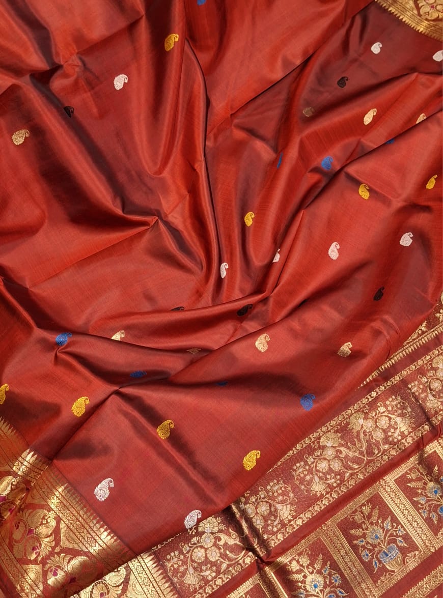 Maroonish red color golani buta mulberry silk revival swarnachari Maroonish red color golani buta mulberry silk revival swarnachari
