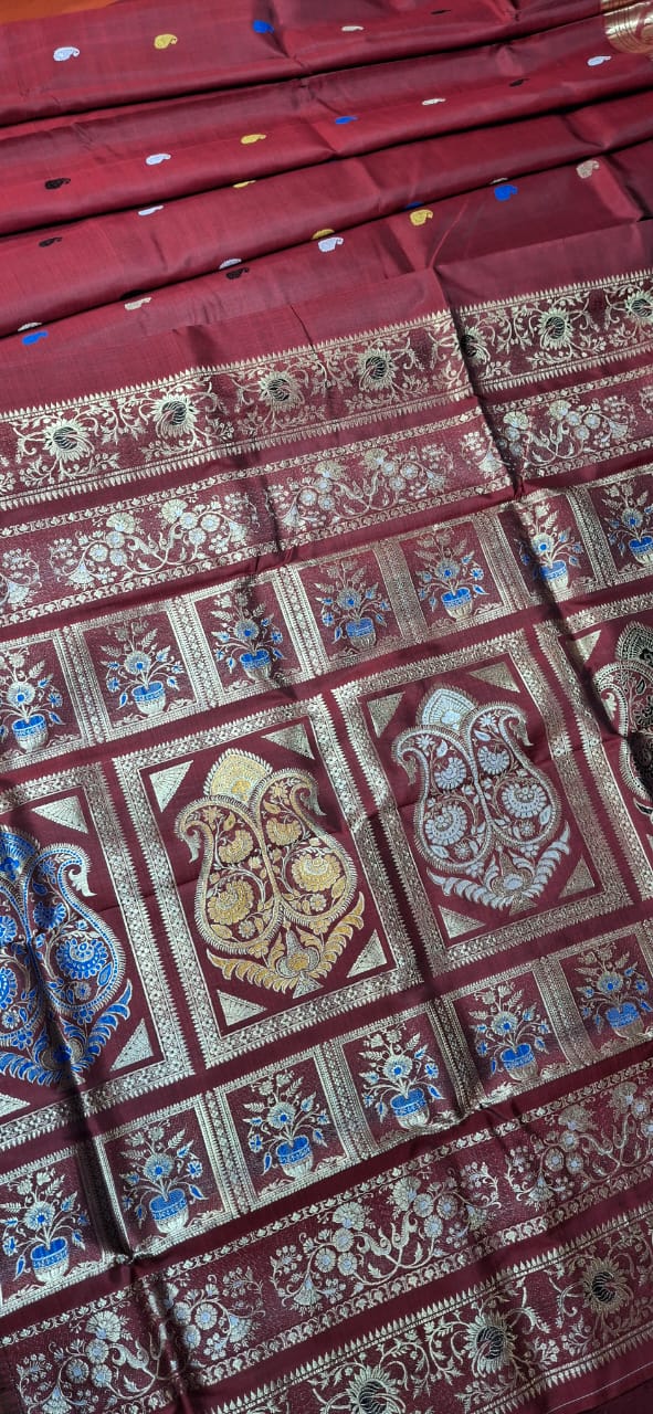 Maroonish red color golani buta mulberry silk revival swarnachari Maroonish red color golani buta mulberry silk revival swarnachari