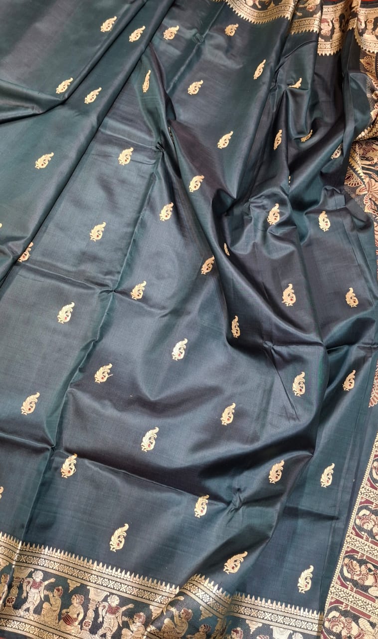 Figure motif Baluchari saree in color petrol green Figure motif Baluchari saree in color petrol green