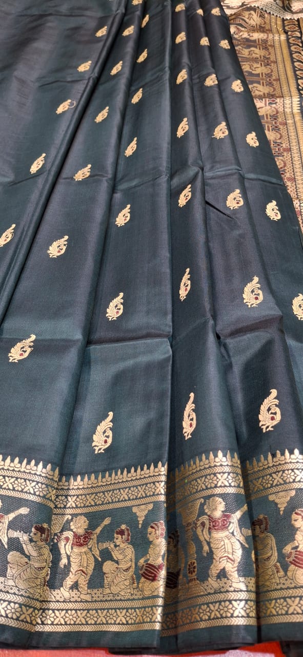 Figure motif Baluchari saree in color petrol green Figure motif Baluchari saree in color petrol green