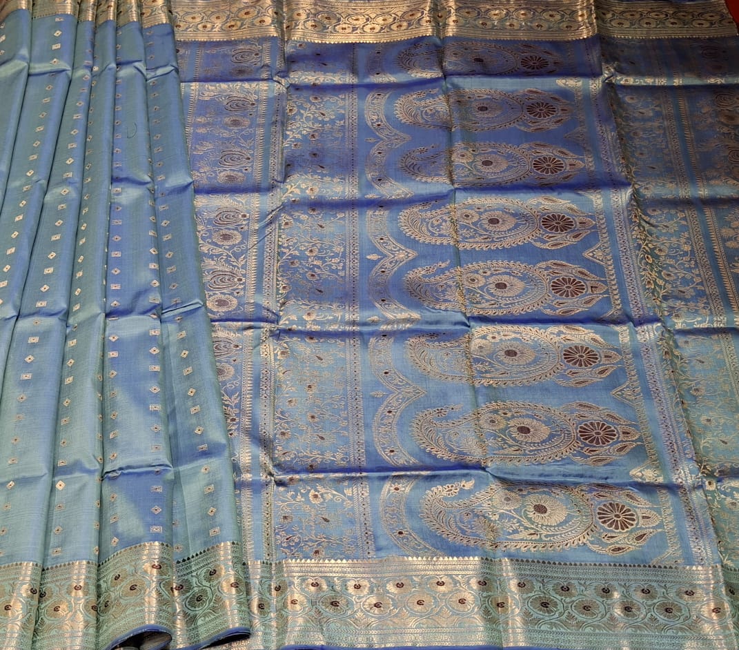 No figurine motif 2000 buta Swarnachari Powder blue color saree