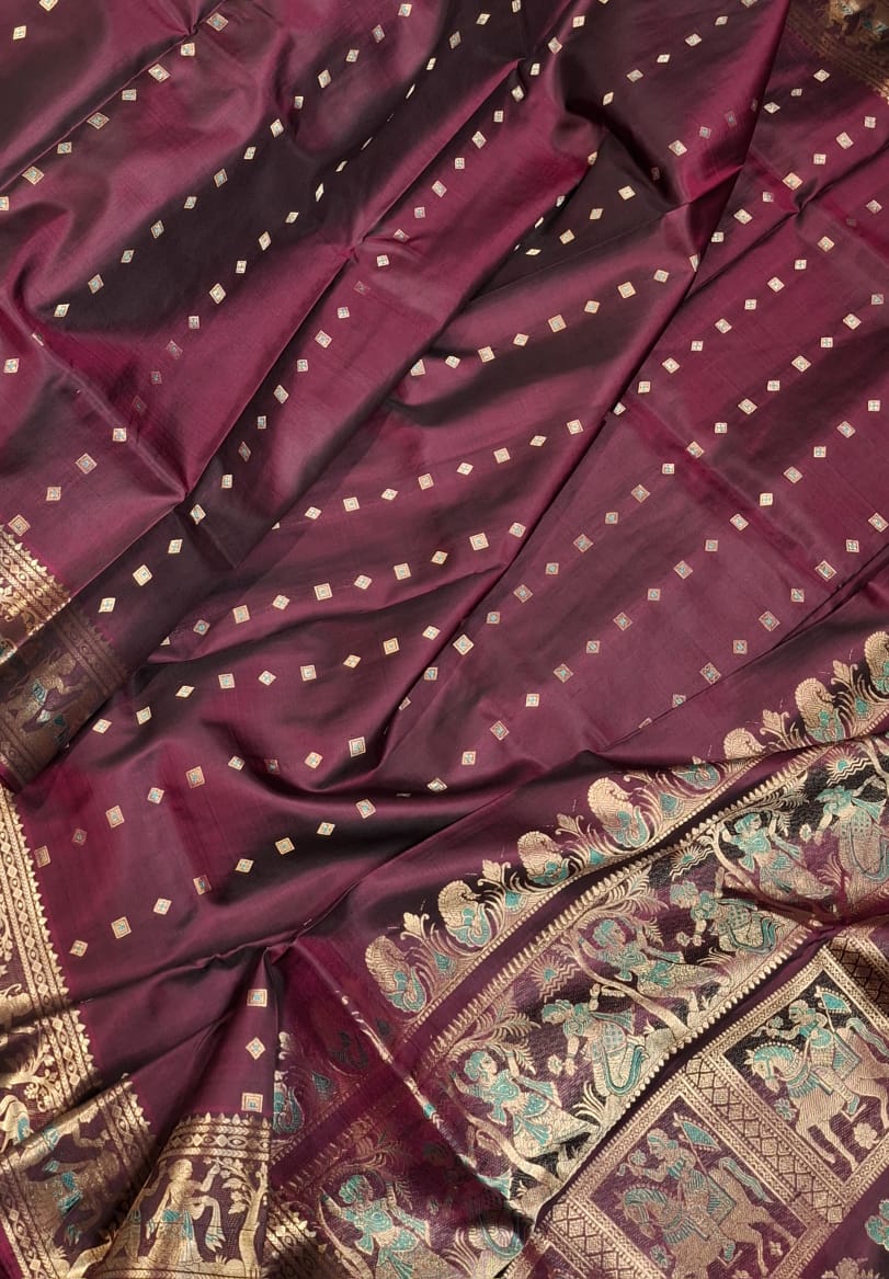 Figure motif 2000 buta Swarnachari in dark wine color Figure motif 2000 buta Swarnachari in dark wine color