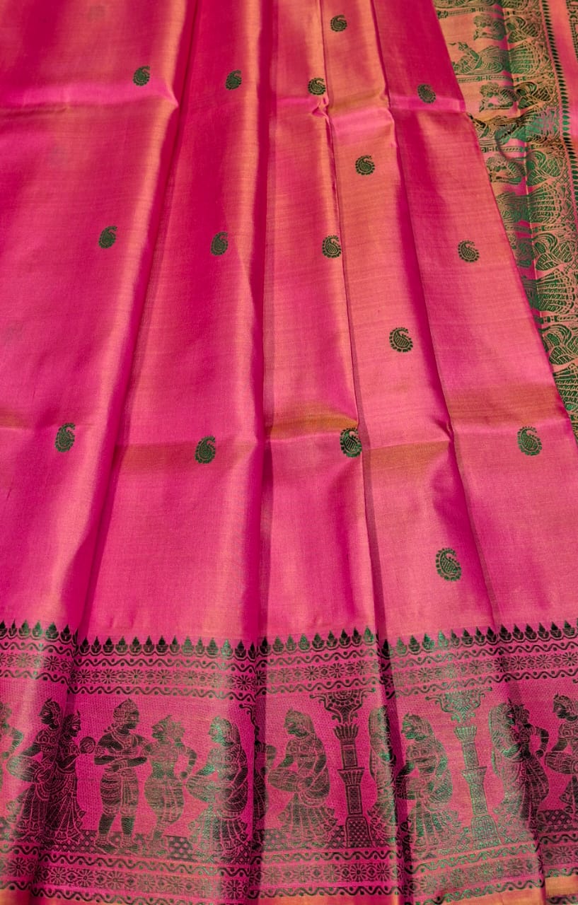 Mustard Rani pink dual tone body color with green motif pure Mulberry silk Baluchari saree Mustard Rani pink dual tone body color with green motif pure Mulberry silk Baluchari saree