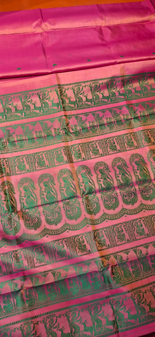 Mustard Rani pink dual tone body color with green motif pure Mulberry silk Baluchari saree Mustard Rani pink dual tone body color with green motif pure Mulberry silk Baluchari saree