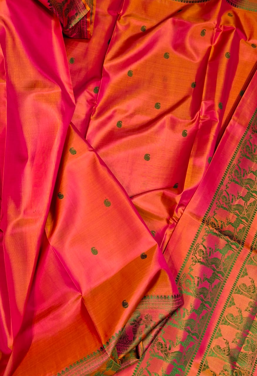 Mustard Rani pink dual tone body color with green motif pure Mulberry silk Baluchari saree Mustard Rani pink dual tone body color with green motif pure Mulberry silk Baluchari saree