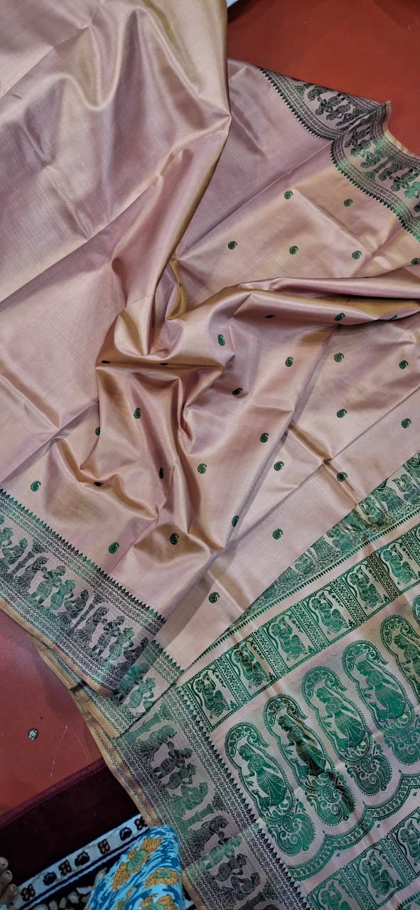 Baby pink mustard dual tone body color with green motif pure Mulberry silk Baluchari saree Baby pink mustard dual tone body color with green motif pure Mulberry silk Baluchari saree
