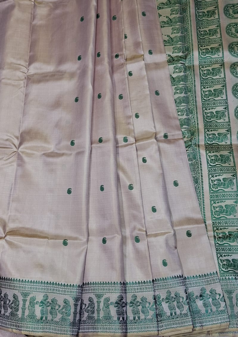 Baby pink mustard dual tone body color with green motif pure Mulberry silk Baluchari saree Baby pink mustard dual tone body color with green motif pure Mulberry silk Baluchari saree