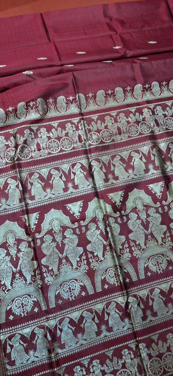 Maroonish red body color with beige motif pure Mulberry silk Baluchari saree Maroonish red body color with beige motif pure Mulberry silk Baluchari saree
